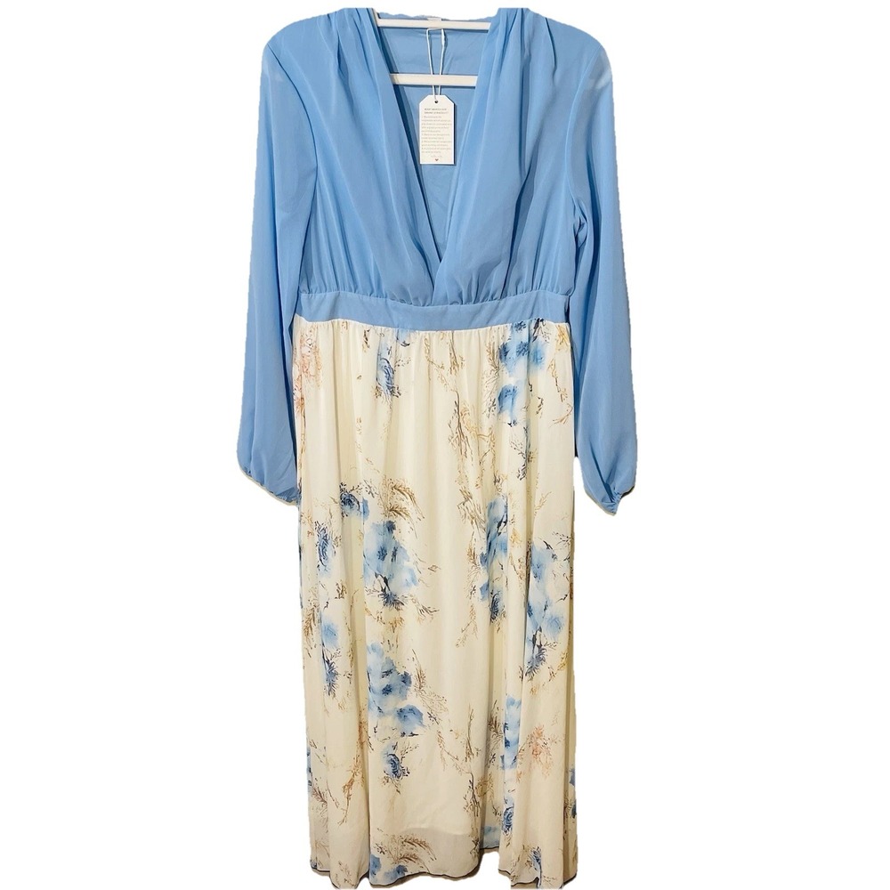 NWT Blue & Cream  Floral Dress Color Block Sunday Dress Flowy Long Sleeve Zipper